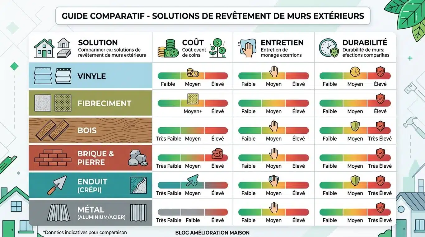 Infographie comparative des solutions pour habiller un mur extérieur : coût, entretien et durabilité.