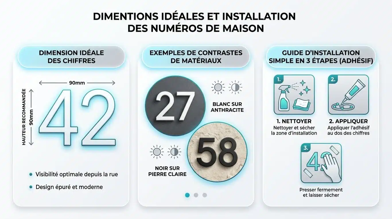 Guide visuel : dimensions, contrastes et installation d'un numéro de maison design