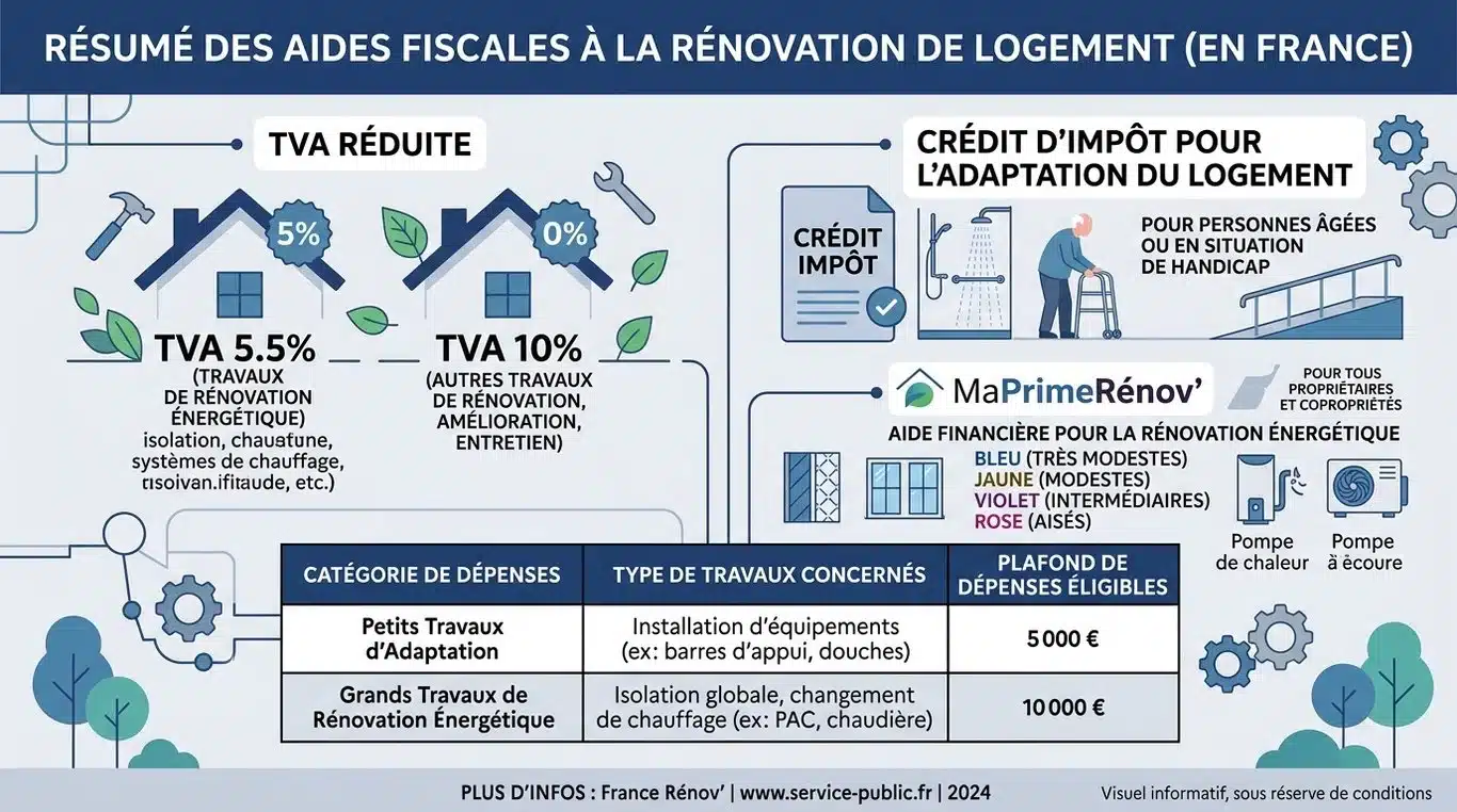 Infographie récapitulative des aides fiscales et taux de TVA pour les travaux de rénovation en France