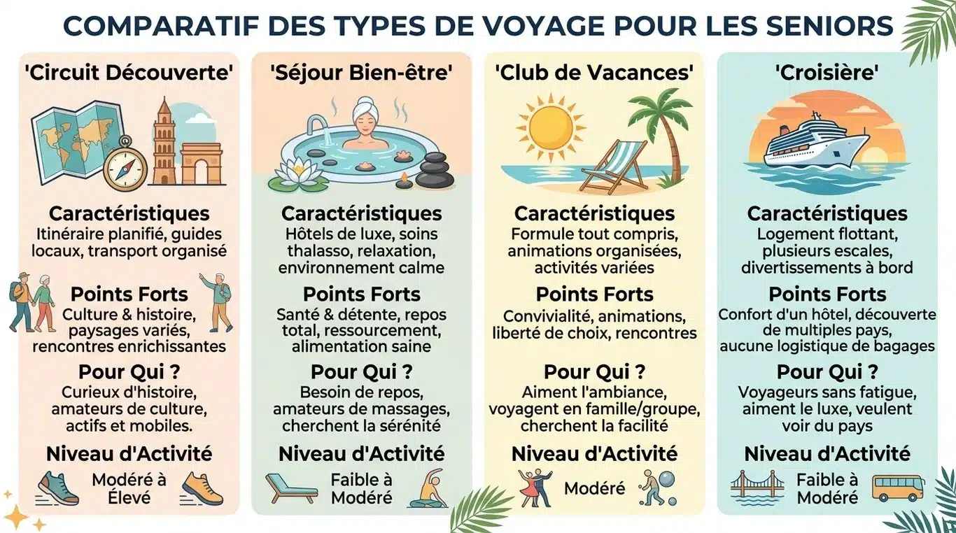Infographie comparative des types de voyages organisés pour seniors : Circuit Découverte, Séjour Bien-être, Club de Vacances et Croisière.