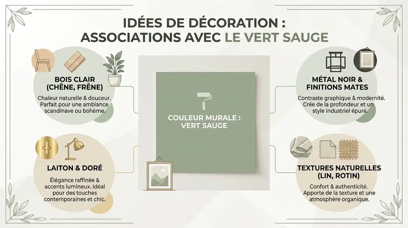 Infographie des associations de couleurs et matières pour une décoration murale vert sauge