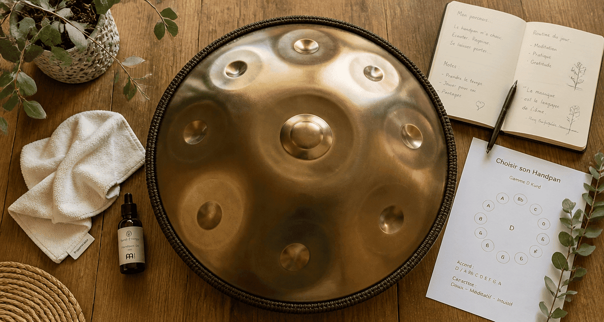 hand pan bronze accessoires sur table bois