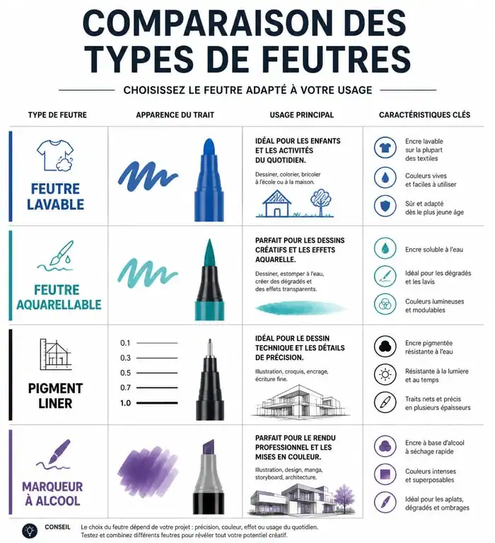 Infographie comparative des types de feutres : lavables, aquarellables, pigment liners et marqueurs à alcool pour le dessin et le coloriage.