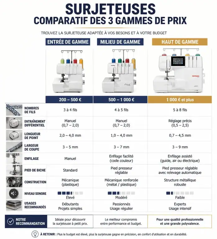 Infographie comparative des prix et fonctionnalités des surjeteuses pour choisir le meilleur modèle.