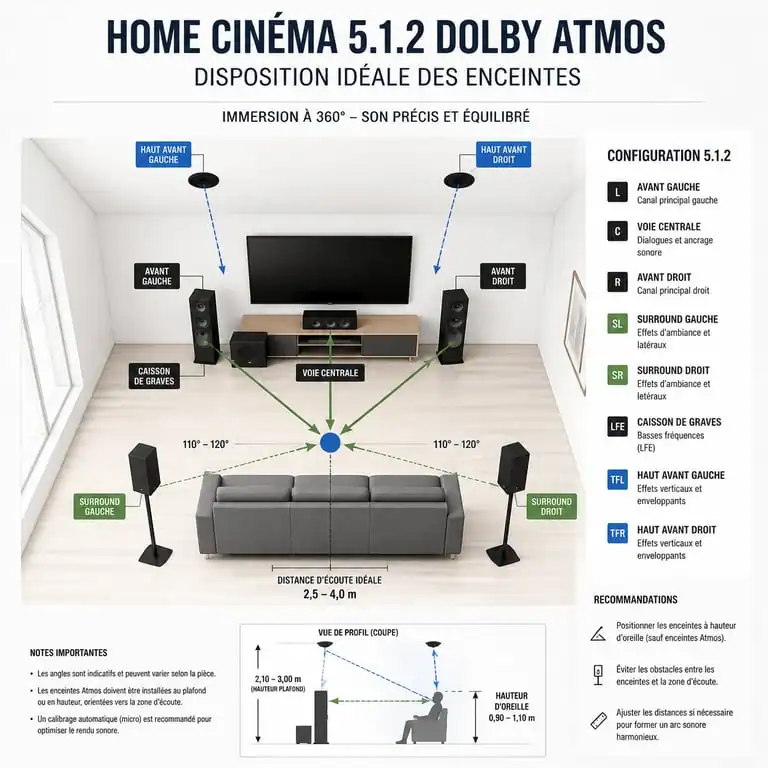 Schéma de disposition d'un système home cinéma 5.1.2 Dolby Atmos pour optimiser le meilleur pack enceinte home cinéma
