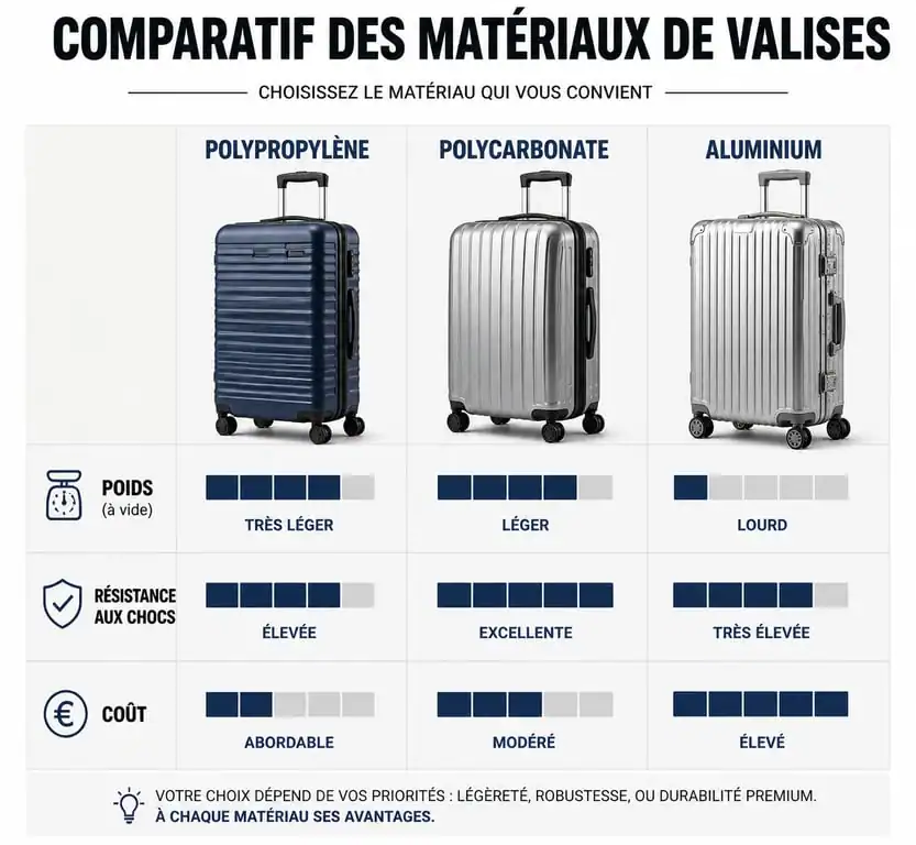 Comparatif des matériaux de valise résistante : polypropylène, polycarbonate et aluminium