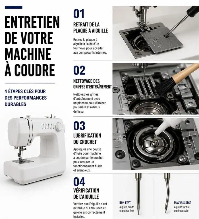 Infographie illustrant les étapes d'entretien d'une machine à coudre pour prolonger sa durée de vie