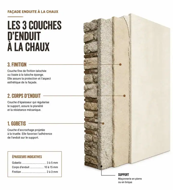 Schéma technique des trois couches d'un enduit à la chaux pour façade