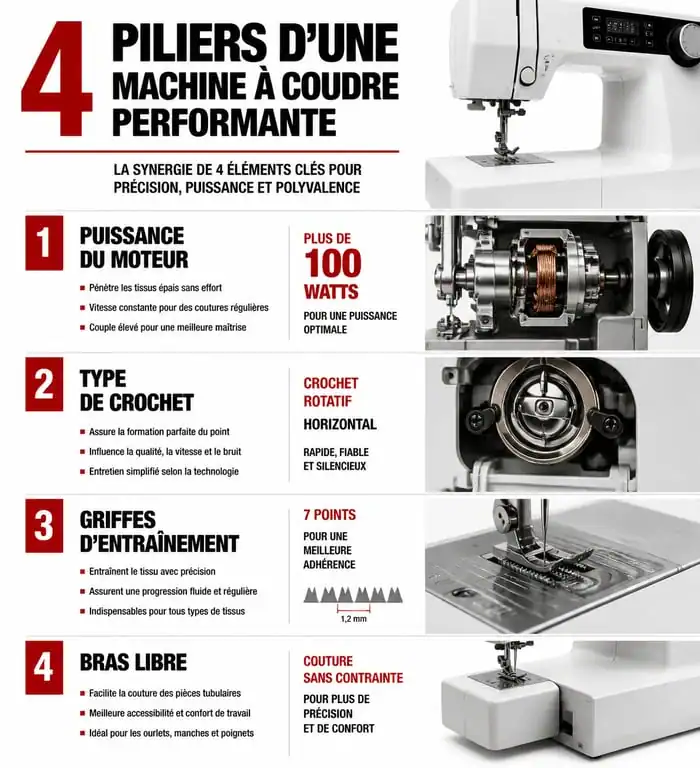 Infographie des 4 critères techniques pour choisir sa machine à coudre