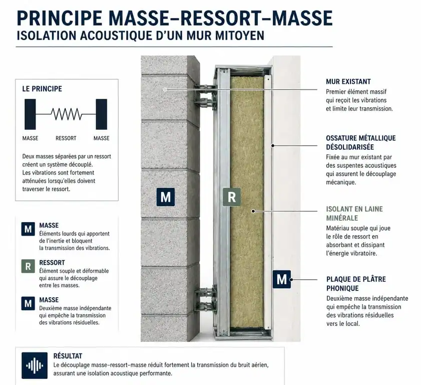 Schéma du principe masse-ressort-masse pour isoler phoniquement un mur mitoyen