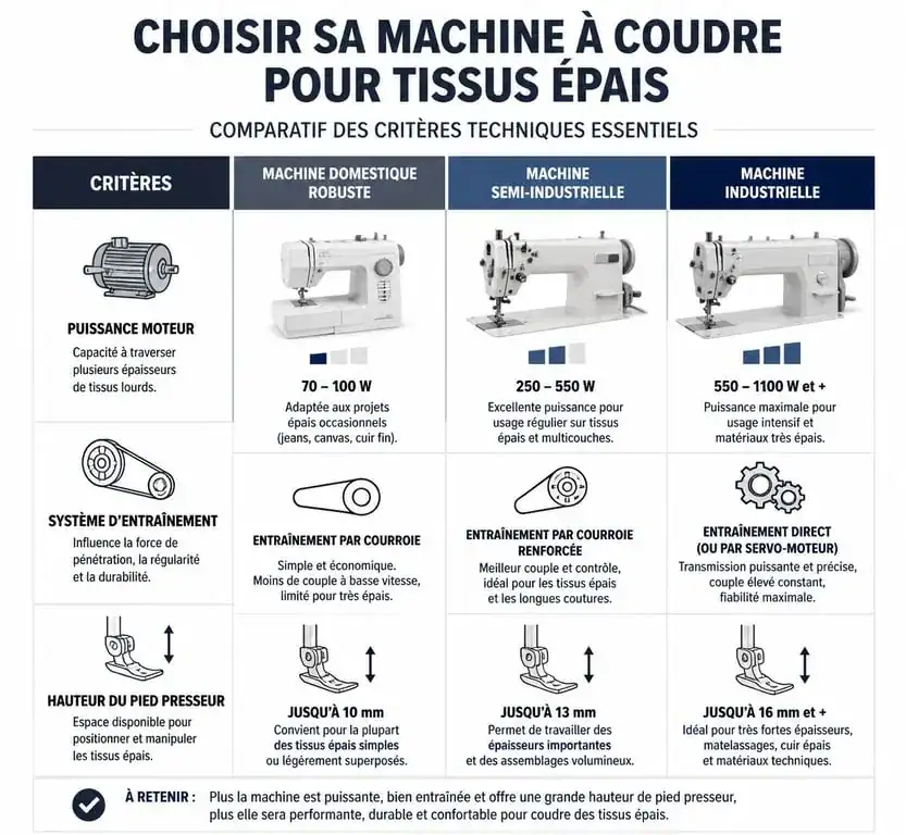 Infographie comparative des critères techniques pour choisir une machine à coudre les tissus épais