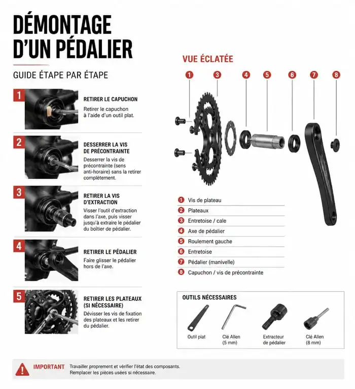 Schéma technique des étapes de démontage pédalier vélo