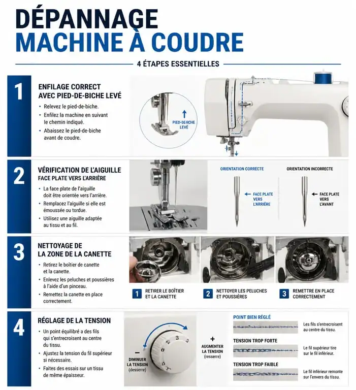 Infographie des étapes de dépannage pour une machine à coudre qui ne coud pas