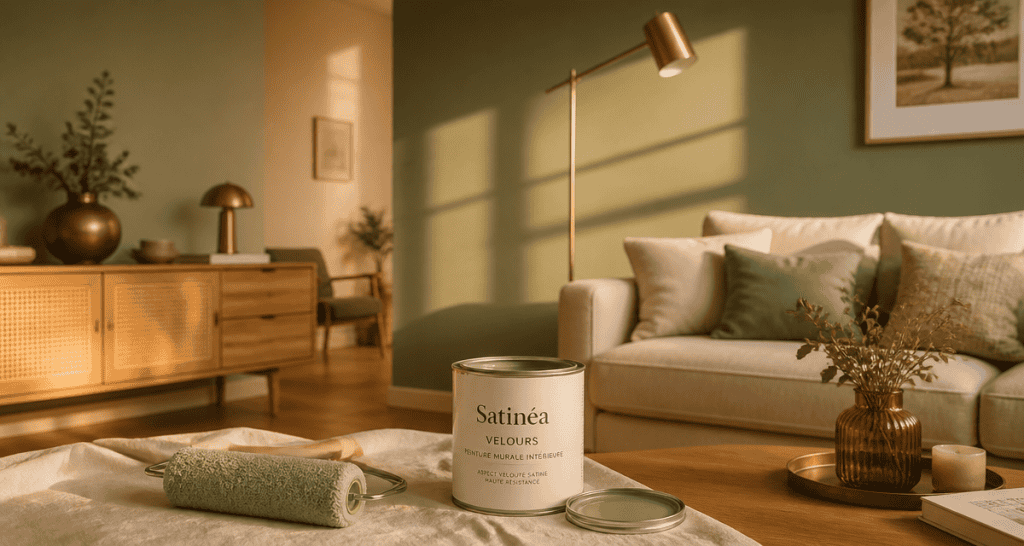 guittet satinea velours murs vert sauge salon doré