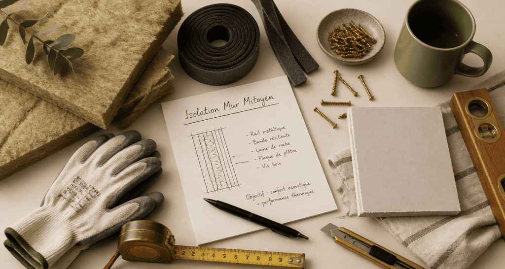 isoler phoniquement un mur mitoyen avec laine de roche et outils