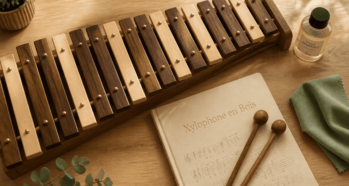 xylophone en bois artisanal avec maillets et carnet