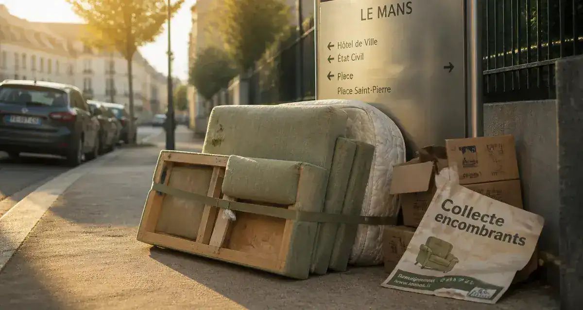 Encombrants le Mans : canapé et affiche collecte sur trottoir