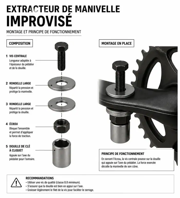 Schéma technique du montage d'un extracteur de pédalier vélo improvisé avec vis et douille