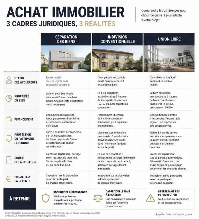 Tableau comparatif des régimes patrimoniaux pour un achat immobilier sous PACS