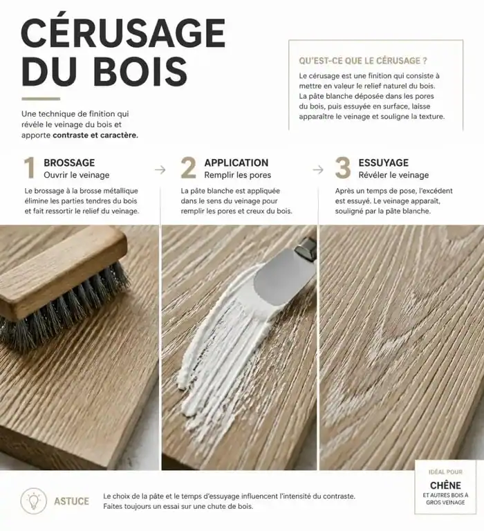 Étapes techniques pour céruser un bois : brossage, application de la pâte et résultat final sur chêne
