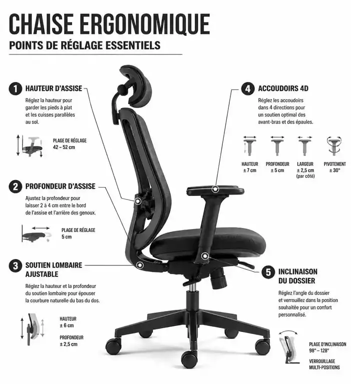 Schéma des réglages essentiels pour la meilleure chaise ergonomique 2025 pour une posture saine au travail