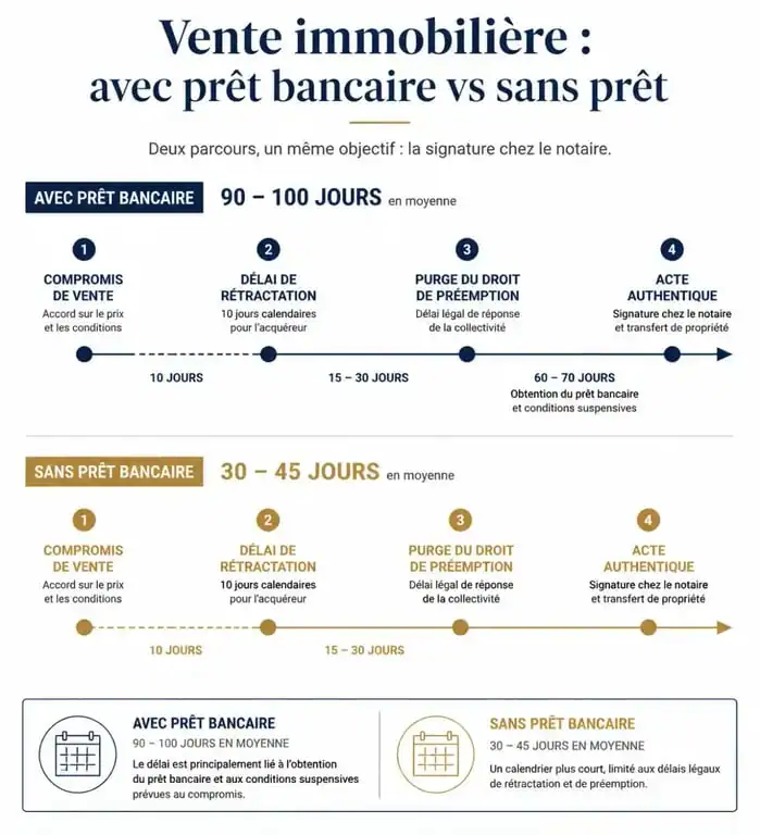 Infographie comparative du calendrier d'un compromis de vente sans emprunt par rapport à une vente classique