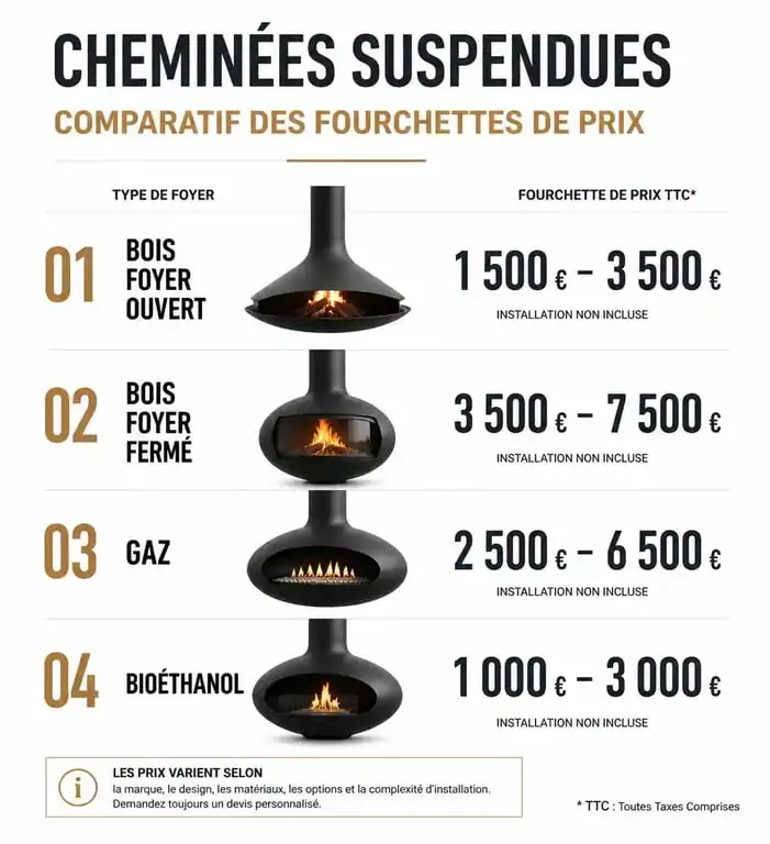 Comparatif des prix des cheminées suspendues selon le type de foyer : bois, gaz et bioéthanol