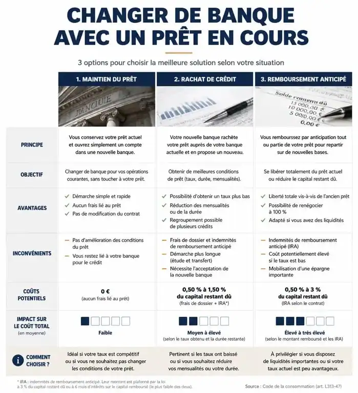 Infographie comparative des options pour changer de banque avec un prêt en cours