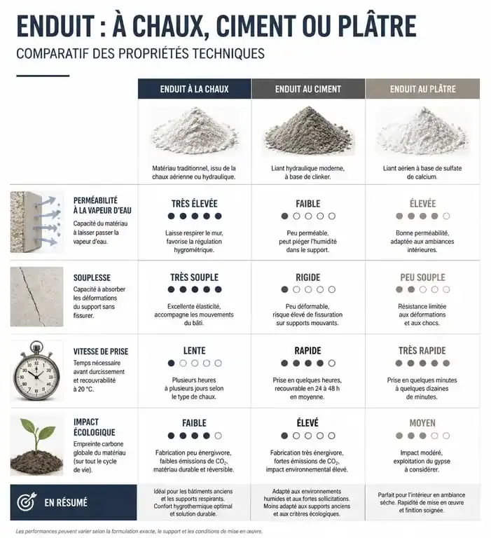 Comparatif des propriétés techniques entre enduit à la chaux, ciment et plâtre.