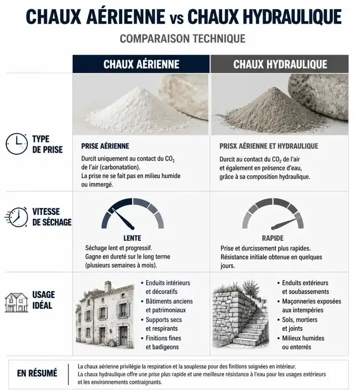 Infographie comparative des propriétés de l'enduit à la chaux aérienne et hydraulique