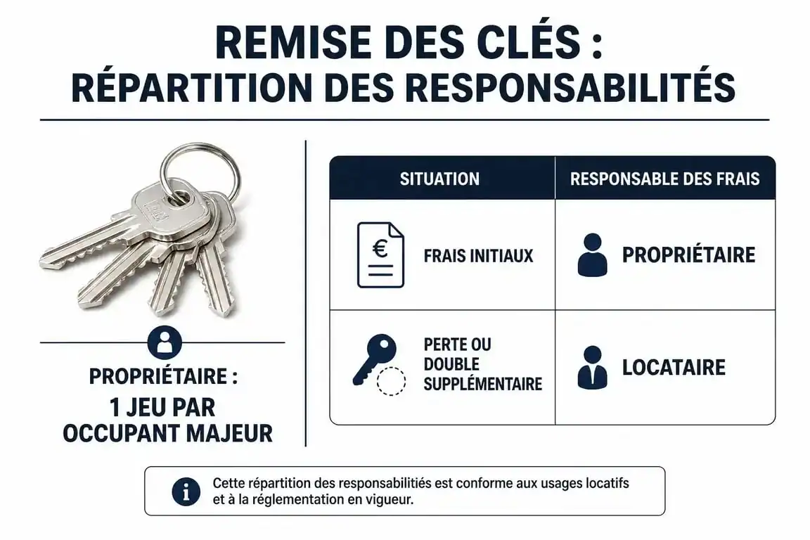 Infographie sur la remise des clés de location et répartition des frais entre propriétaire et locataire
