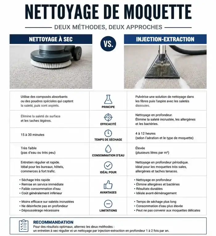 Infographie comparative des méthodes pour nettoyer une moquette : nettoyage à sec versus injection-extraction