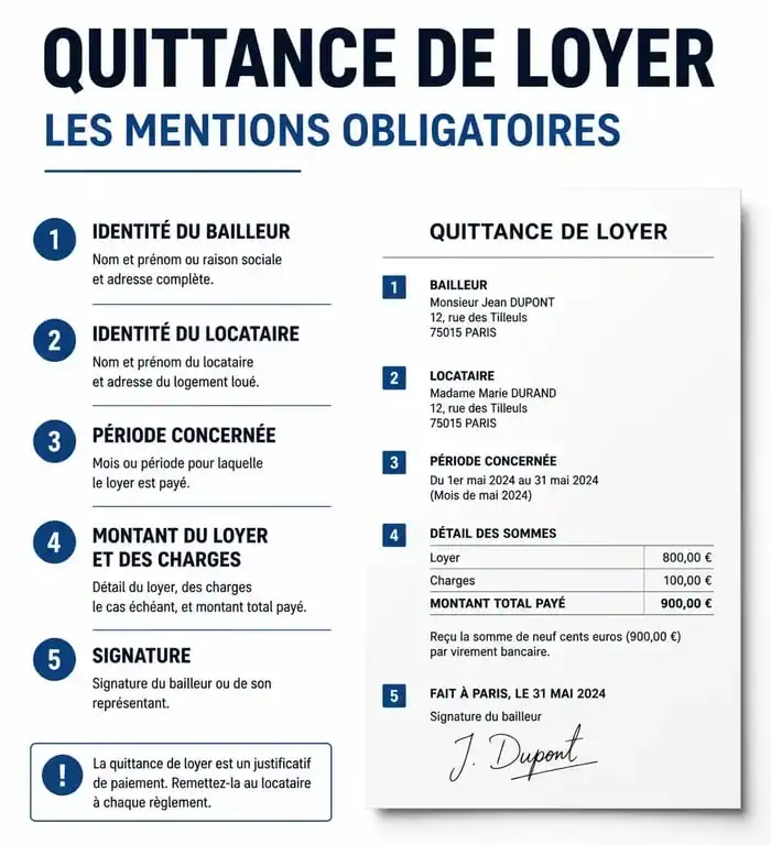 Infographie des mentions obligatoires sur une quittance de loyer