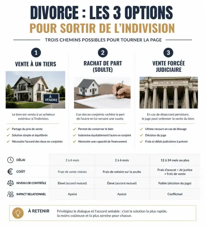Les trois options pour sortir de l'indivision et divorce : vente, rachat de part ou vente judiciaire