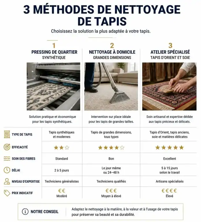 Comparatif des solutions pour faire nettoyer un tapis : pressing, domicile ou atelier spécialisé