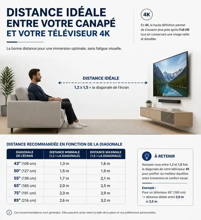 Schéma illustrant la distance idéale entre la télévision et le canapé pour un confort visuel optimal