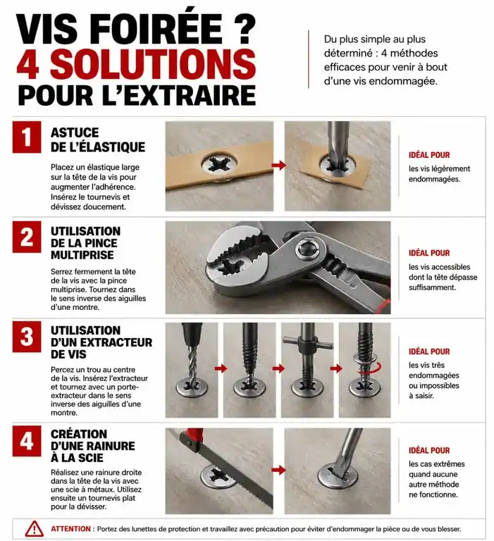 Infographie des méthodes pour réparer un pas de vis foiré et extraire une vis abîmée