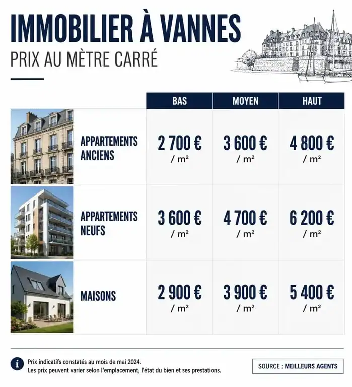Tableau comparatif des prix de l'immobilier à Vannes par type de bien au mètre carré