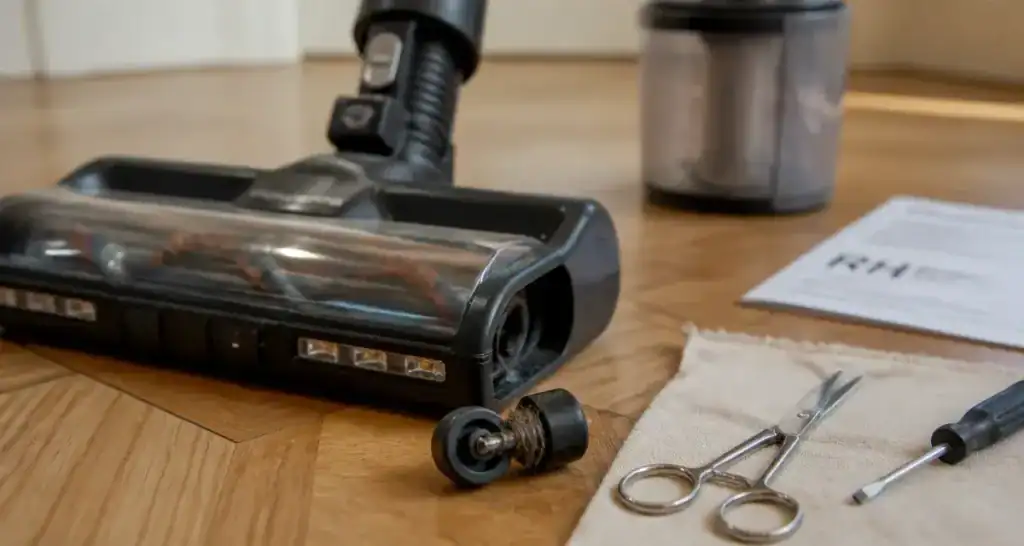 Problème roue aspirateur balai Rowenta : roulette avant avec cheveux enchevêtrés à réparer