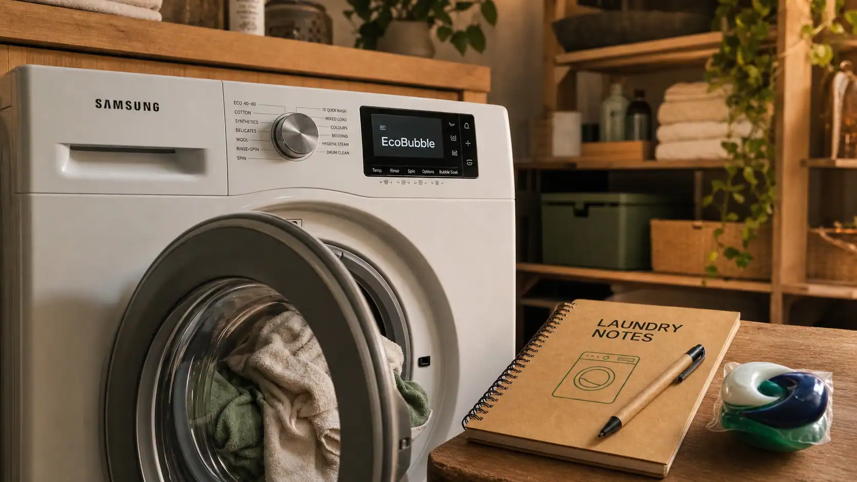 Avis lave linge samsung EcoBubble, hublot entrouvert et panneau EcoBubble