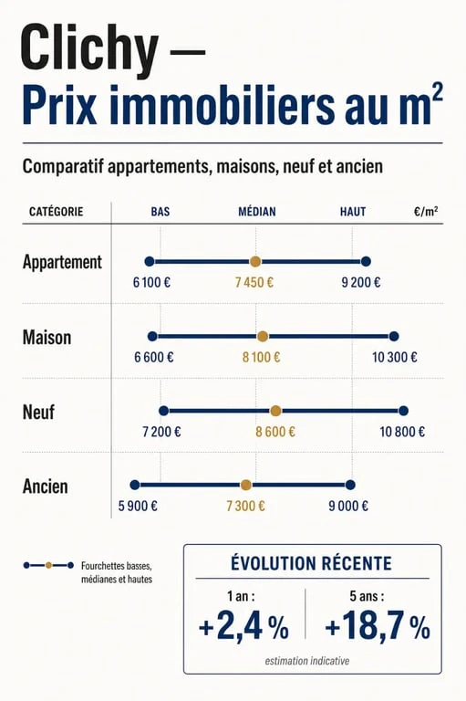 Prix immobilier Clichy : comparatif des prix au m² entre appartement, maison, neuf et ancien