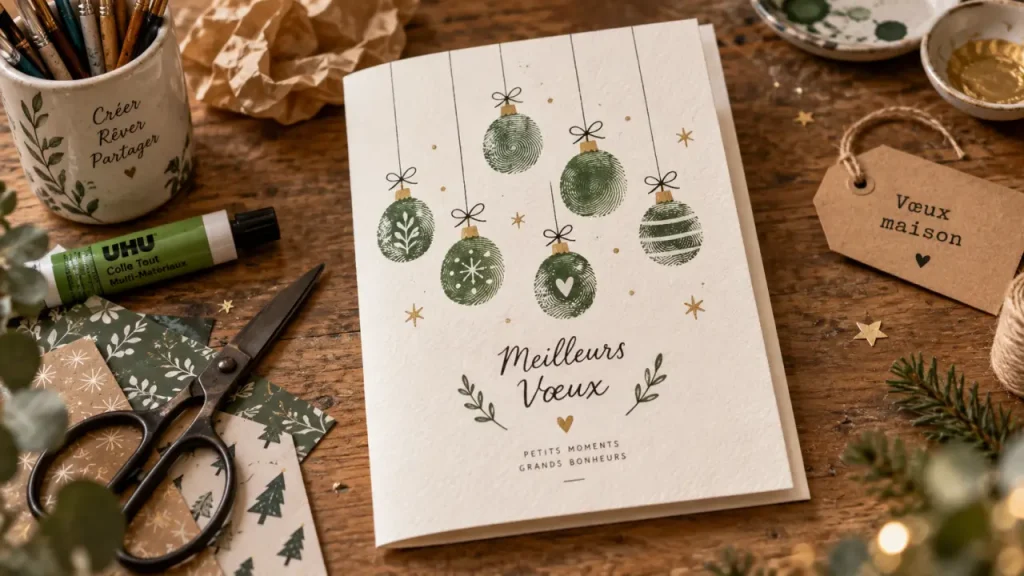 carte de voeux maison facile DIY empreintes digitales, boules de Noël