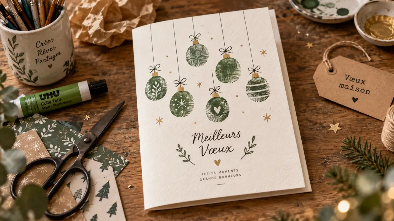 carte de voeux maison facile DIY empreintes digitales, boules de Noël