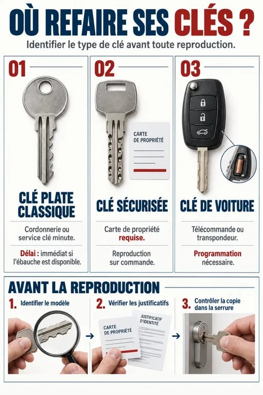 Infographie pour savoir où refaire ses clés selon le type de clé et le délai