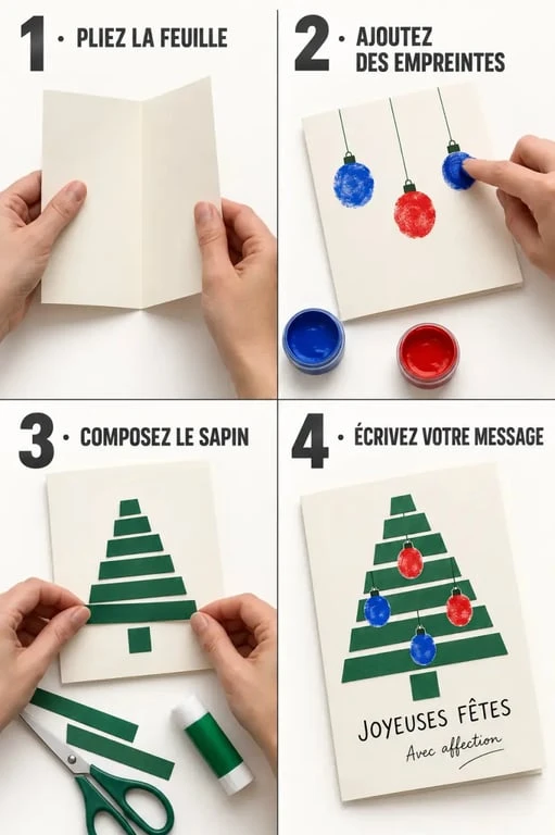 Étapes pour réaliser une carte de vœux maison facile avec papier et empreintes