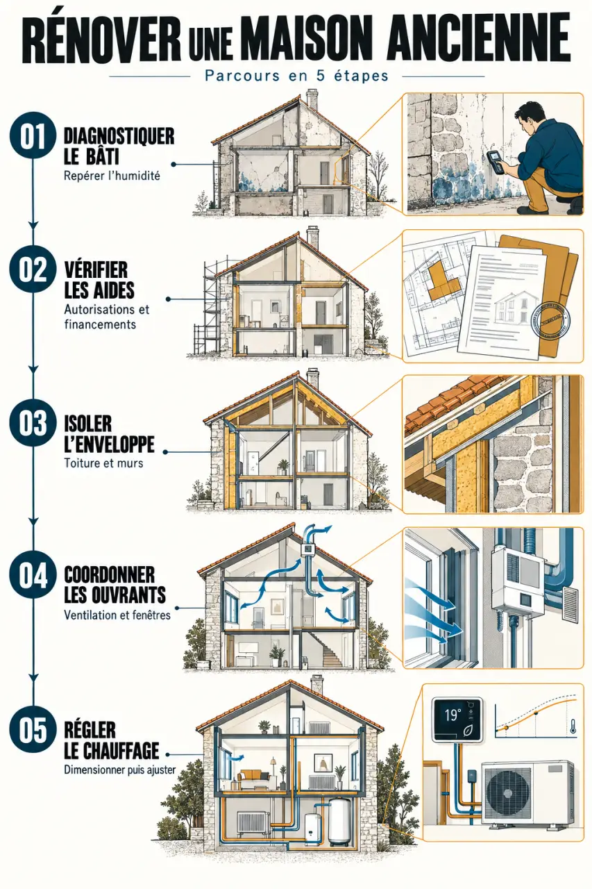 Schéma de rénovation énergétique d’une maison ancienne présentant l’ordre des travaux