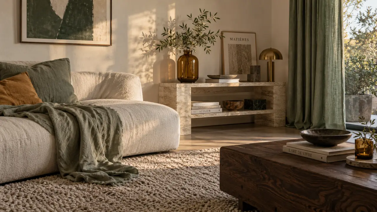 Tendance déco maison 2026 : salon beige, vert sauge, matières texturées